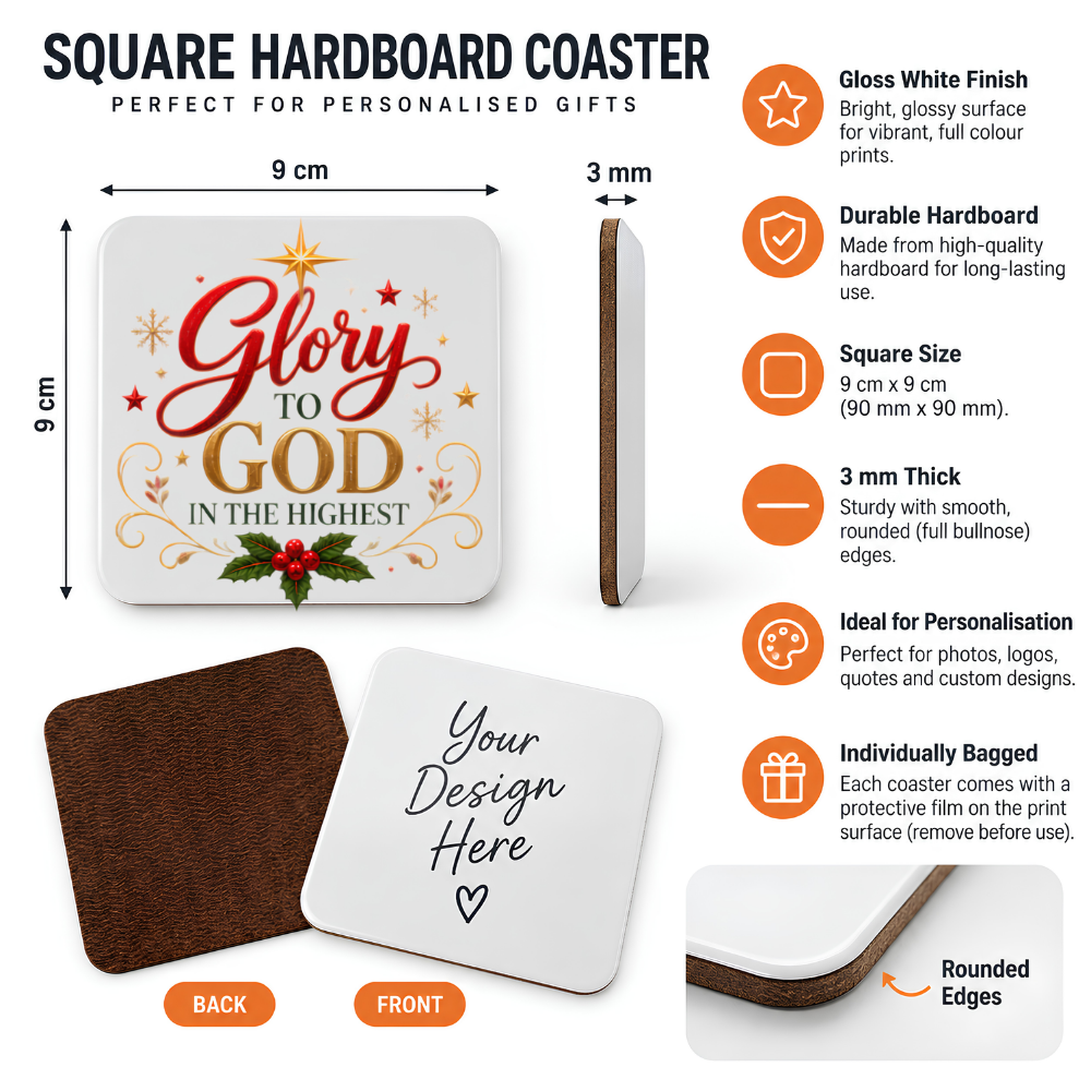 Inspirational Religious Hardboard Coaster "Glory To God In The Highest" Graphic 9cm x 9cm Square Drinks Coaster Red Cursive & Gold Typogra