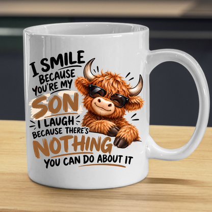 Cool Highland Cow Mug "I Smile Because You're My Son" I Laugh Because There's Nothing You Can Do About It 325ml Ceramic Coffee Mug – Cool Highland Cow in Sunglasses | Funny Father's Day & Birthday Gift for Son | Fast Dispatch by UK Seller (M3459)