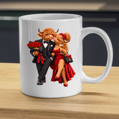 Romantic Mug "Romantic Highland Cow Couple Date Night" Romantic Highland Cow Couple 325ml Ceramic Coffee Mug – Elegant Evening Date Tea Cup With Black Tuxedo Red Evening Gown Graphic Gift | Available in Multicolours | Fast Dispatch by UK Seller (M3192)