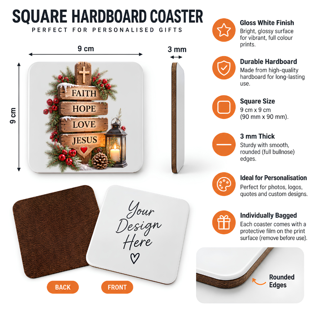 Inspirational Religious Hardboard Coaster "Faith Hope Love Jesus" Graphic 9cm x 9cm Square Drinks Coaster “Rustic Wooden Directional Sign with Cross, Lantern & Pinecones Novelty Mat | Christian Glossy Gift | Fast Dispatch by UK Seller (C3050)