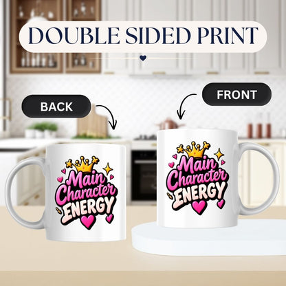 Sassy Mug "Main Character Energy" 325ml Ceramic Coffee Mug Cute Bold Typography Tea Cup with Gold Crown, Sparkles & Pink Hearts Gift | Available in Multicolours | Fast Dispatch by UK Seller (M1299)