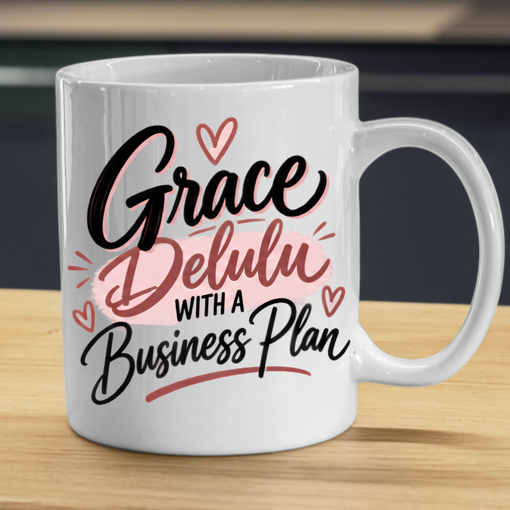 Personalized Name Mug "Grace Delulu With A Business Plan" Grace Delulu With A Business Plan 325ml Ceramic Coffee Mug – Custom Name Typography Slogan with Pink Brushstroke & Hearts | Funny Gift | Fast Dispatch by UK Seller (M3410)