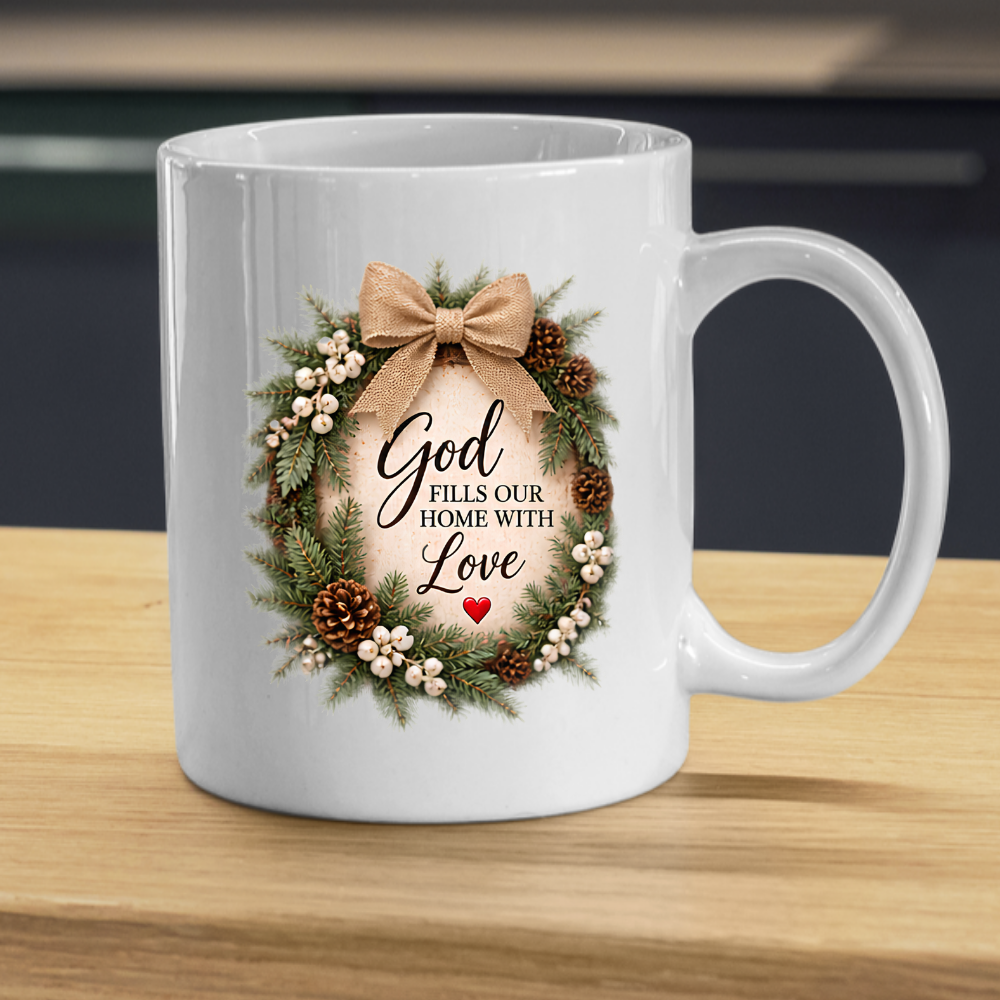 Christmas Mug "God Fills Our Home With Love Rustic Wreath" 325ml Ceramic Coffee Mug – Christian Holiday Wreath Mug With Burlap Bow Pinecones White Berries Rustic Festive Gift | Available in Multicolours | Fast Dispatch by UK Seller (M3301)
