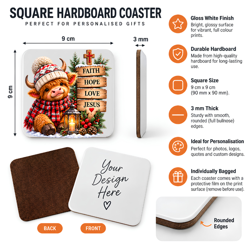 Inspirational Religious Highland Cow Hardboard Coaster "Faith Hope Love Jesus" Graphic 9cm x 9cm Square Drinks Coaster “ Cute Calf in Bobble