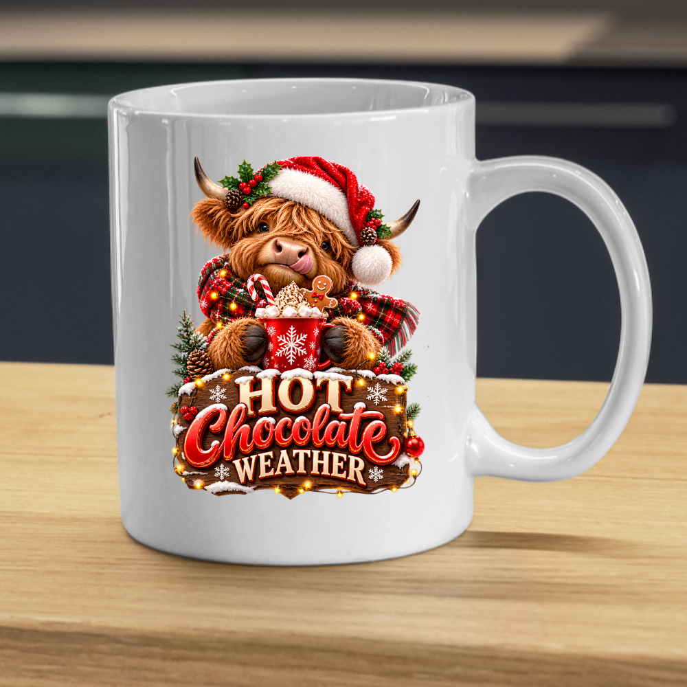 Christmas Mug "Hot Chocolate Weather" Hot Chocolate Weather 325ml Ceramic Coffee Mug – Cute Highland Cow Santa Mug with Gingerbread & Marshmallows | Festive Holiday Christmas Gift | Fast Dispatch by UK Seller (M3335)