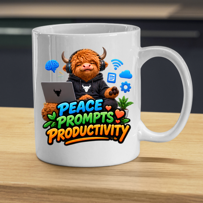 Tech Mug "Peace Prompts Productivity Highland Cow" 325ml Ceramic Coffee Mug – Cute Highland Cow in Hoodie with Laptop Headphones AI Tech Icons Gift For Developers Prompt Engineers | Available in Multicolours | Fast Dispatch by UK Seller (M3232)