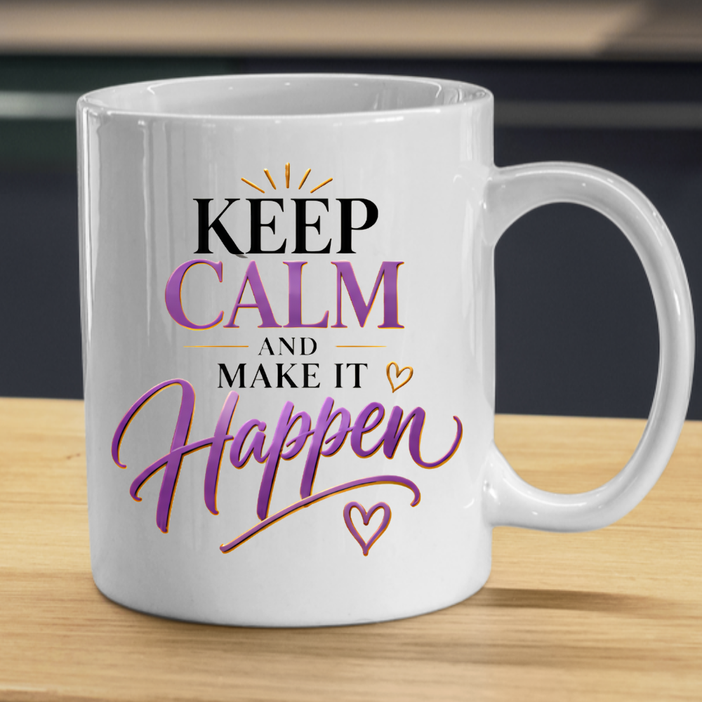 Motivational Mug "Keep Calm And Make It Happen" 325ml Ceramic Coffee Tea Cup – Purple & Gold Typography, Sunburst & Heart Slogan Novelty Gift for Friends, Colleagues, Birthday – Fast Dispatch by UK Seller (M3494)
