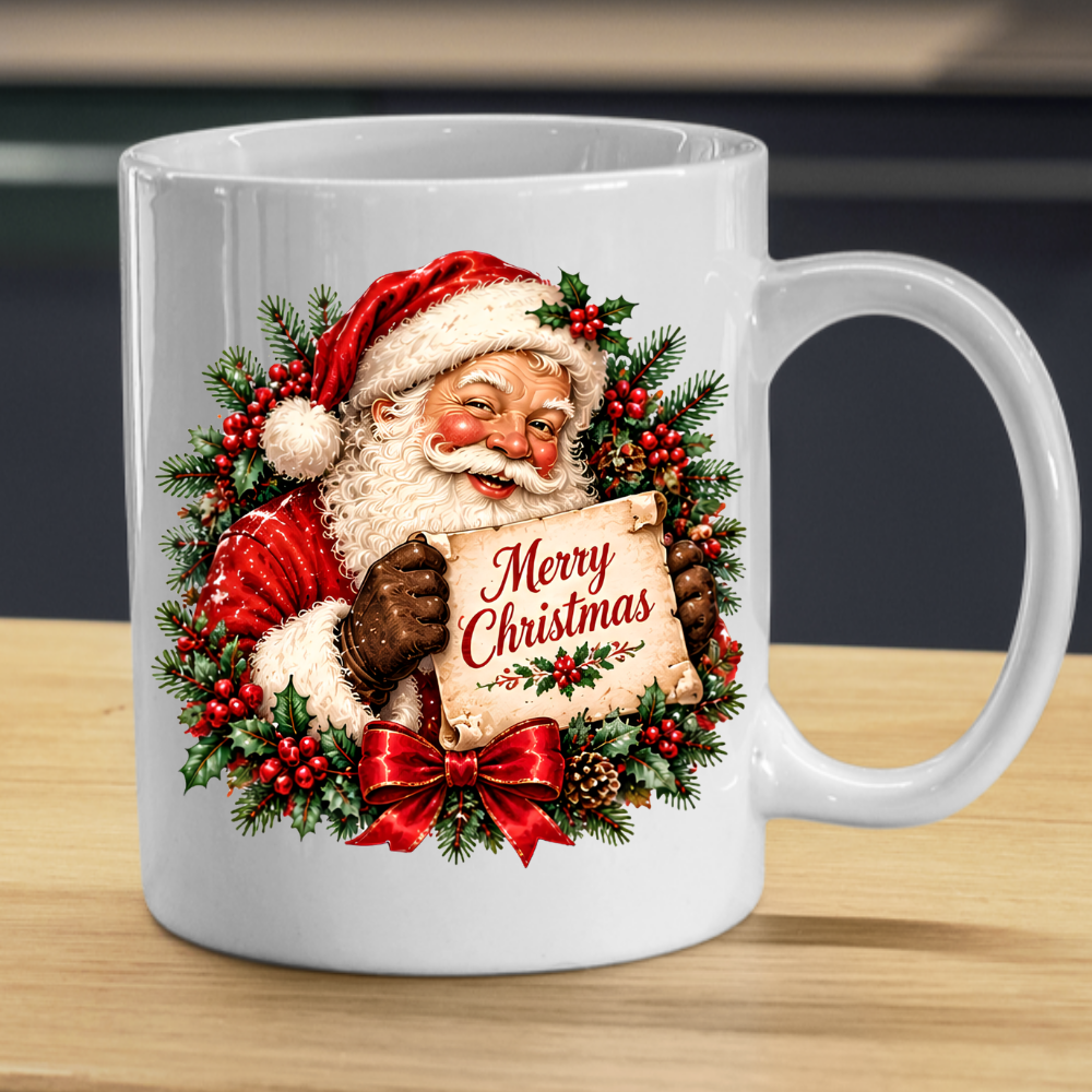 Vintage Santa Scroll Christmas Mug "Merry Christmas" Vintage Santa Claus Holding Merry Christmas Scroll 325ml Ceramic Coffee Mug – Jolly Father Christmas with Festive Wreath, Red Bow & Pine Branches | Holiday Gift | Fast Dispatch by UK Seller (M3440)