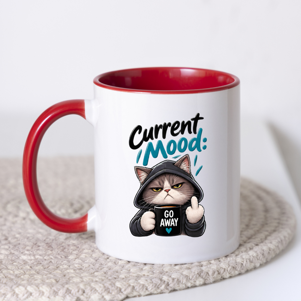Sarcastic Mug "CURRENT MOOD: GO AWAY" Hooded Cat 325ml Ceramic Coffee Mug Novelty Grumpy Cat Tea Cup with Middle Finger & "GO AWAY" Mug Graphic Gift | Available in Multicolours | Fast Dispatch by UK Seller (M3087)