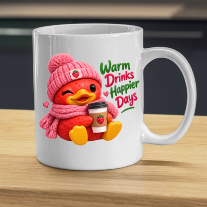 Cozy Mug "Warm Drinks Happier Days Strawberry Duck" 325ml Ceramic Coffee Mug – Cute Winter Strawberry Duck in Pink Beanie Scarf Holding Coffee Cup Cozy Gift For Friends Family | Available in Multicolours | Fast Dispatch by UK Seller (M3250)