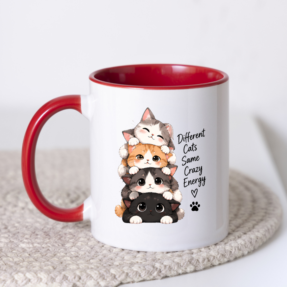 Funny Cat Mug "Different Cats Same Crazy Energy" Stacked Kittens 325ml Ceramic Coffee Mug Cute Cat Lover Tea Cup with Cute Kitten Stack & Paw Print Graphic Gift | Available in Multicolours | Fast Dispatch by UK Seller (M3027)