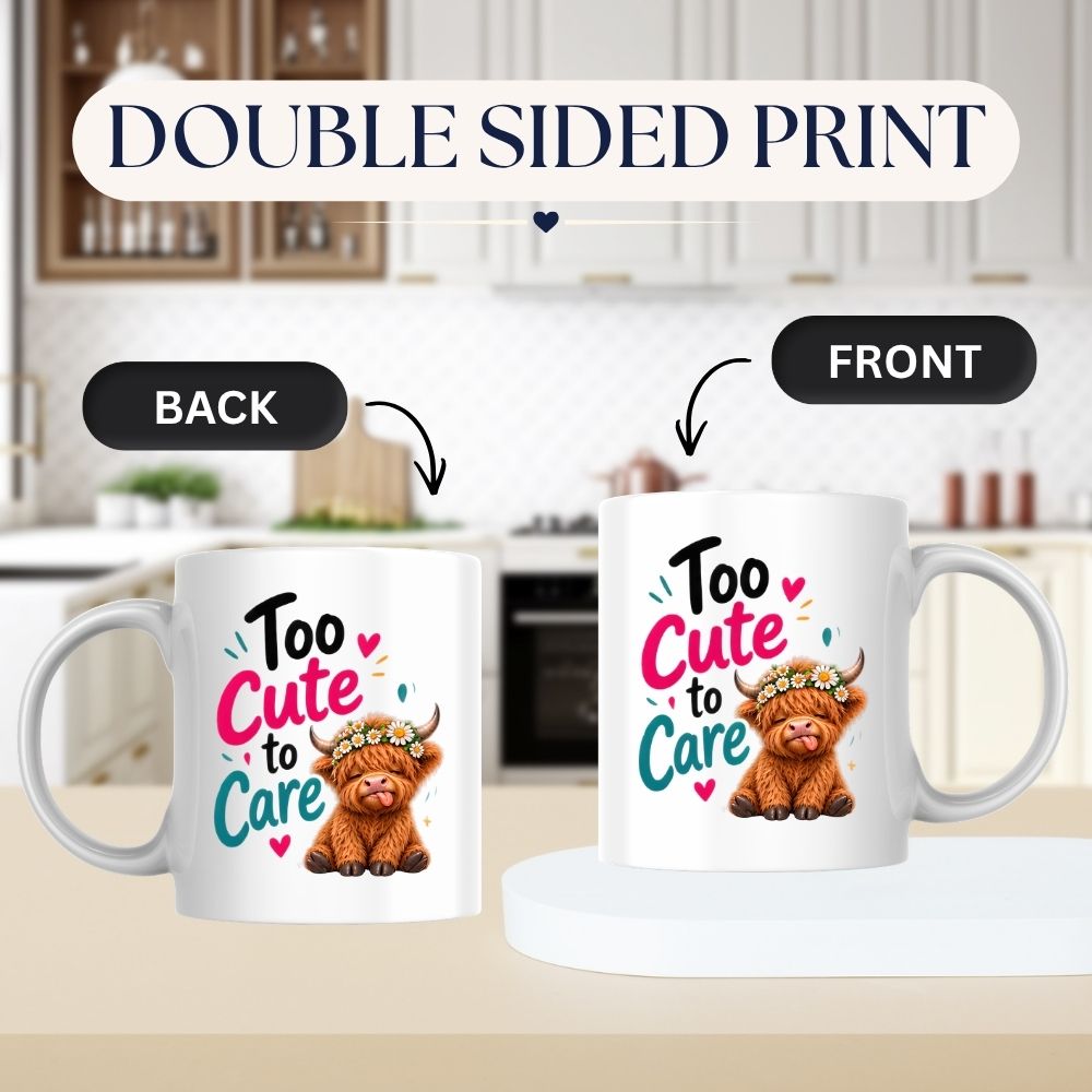 Sassy Mug "Too Cute to Care" Highland Cow 325ml Ceramic Coffee Mug Cute Animal Tea Cup with Daisy Flower Crown & Cheeky Calf Gift | Available in Multicolours | Fast Dispatch by UK Seller (M1285)