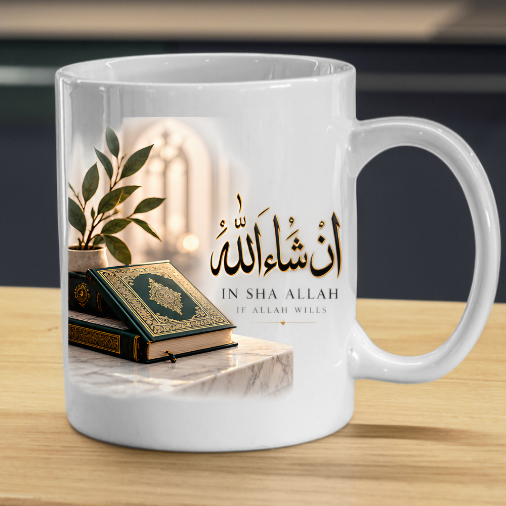Islamic Mug "In Sha Allah If Allah Wills" 325ml Ceramic Coffee Tea Cup – Gold Arabic Calligraphy Script, Holy Quran Books & Plant Religious Faith Gift for Muslims, Eid Mubarak, Ramadan – Fast Dispatch by UK Seller (M3483)