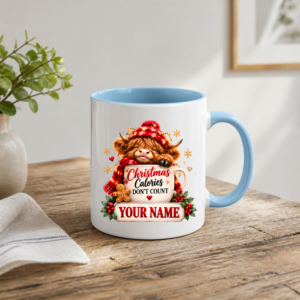 Personalised Christmas Mug "Christmas Calories Don't Count" 325ml Ceramic Coffee Tea Cup – Santa Hat Highland Cow, Gingerbread Man, Custom Name & Funny Holiday Slogan Novelty Gift for Bestie, Women, Holiday – Fast Dispatch by UK Seller (M3519)