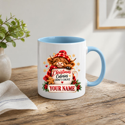 Personalised Christmas Mug "Christmas Calories Don't Count" 325ml Ceramic Coffee Tea Cup – Santa Hat Highland Cow, Gingerbread Man, Custom Name & Funny Holiday Slogan Novelty Gift for Bestie, Women, Holiday – Fast Dispatch by UK Seller (M3519)