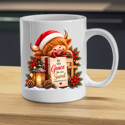 Christmas Mug "By His Grace We Are Saved Highland Cow" By His Grace We Are Saved Ephesians 2:8 325ml Ceramic Mug – Festive Highland Cow Mug With Gift Box Cross Lantern Christian Holiday Gift | Available in Multicolours | Fast Dispatch by UK Seller (M3309)