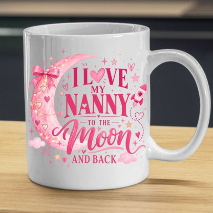Cute Mug "I Love My Nanny to the Moon and Back" Pink Moon & Stars Ceramic Coffee Cup 350ml, Heartwarming Nan Grandma Grandmother Gift from Granddaughter Grandson, Birthday Christmas Mothers Day Stocking Filler | Fast Dispatch by UK Seller (M1129)