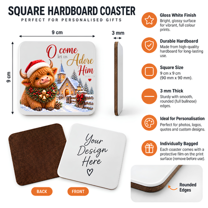 Festive Christian Christmas Coaster "O Come Let Us Adore Him Luke 2:11" Graphic Glossy Hardboard 9x9cm Drinks Mat – Highland Cow, Snowy Chapel Village & Wreath Holiday Tableware Gift | Fast Dispatch by UK Seller (C3064)