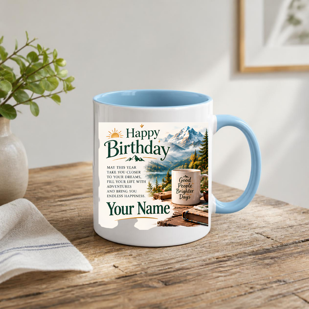 Personalised Birthday Mug "Happy Birthday" 325ml Ceramic Coffee Tea Cup – Mountain Landscape, Scenic View, Custom Name & Adventure Wish Slogan Novelty Gift for Travelers, Men, Women, Birthday – Fast Dispatch by UK Seller (M3513)
