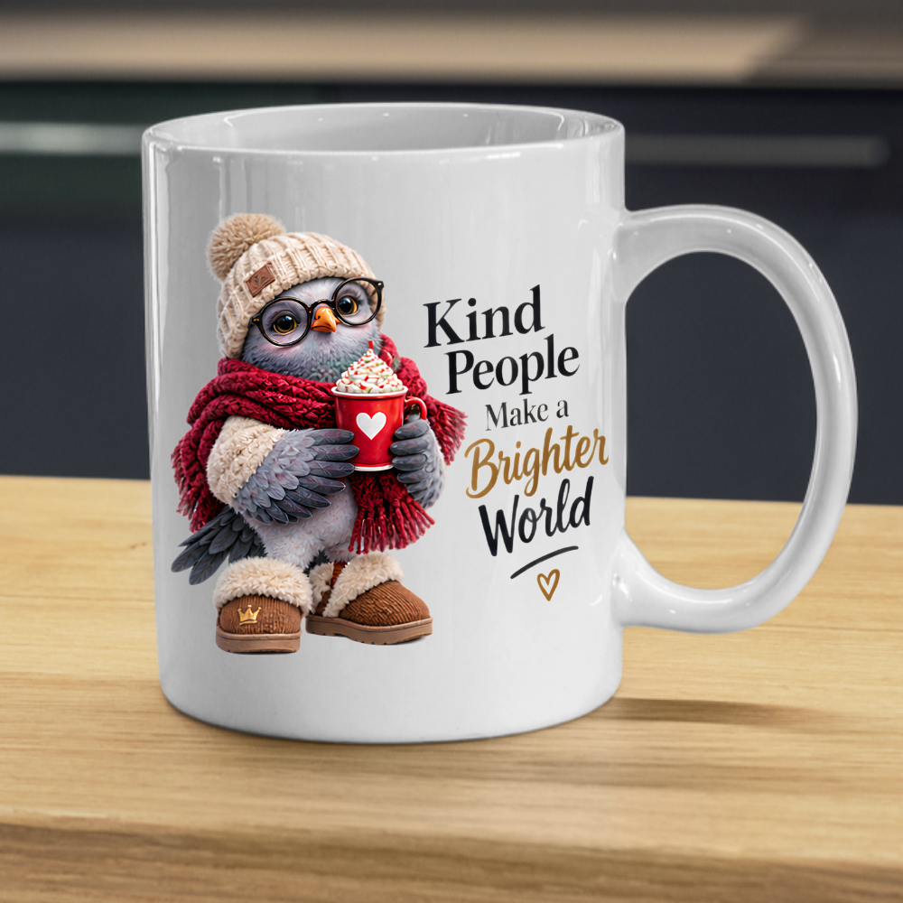 Inspirational Mug "Kind People Make a Brighter World Cozy Bird" 325ml Ceramic Coffee Mug – Cute Cozy Bird In Beanie Glasses Scarf Boots Hot Cocoa Gift For Friends Family | Available in Multicolours | Fast Dispatch by UK Seller (M3238)