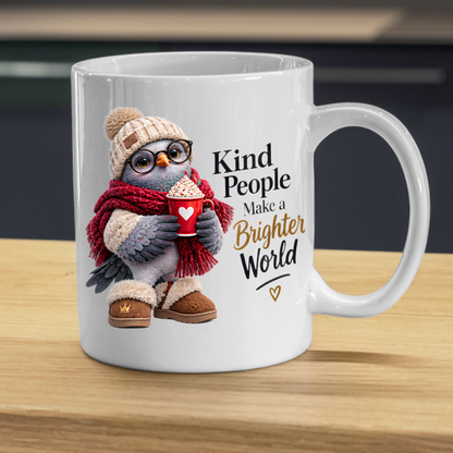 Inspirational Mug "Kind People Make a Brighter World Cozy Bird" 325ml Ceramic Coffee Mug – Cute Cozy Bird In Beanie Glasses Scarf Boots Hot Cocoa Gift For Friends Family | Available in Multicolours | Fast Dispatch by UK Seller (M3238)