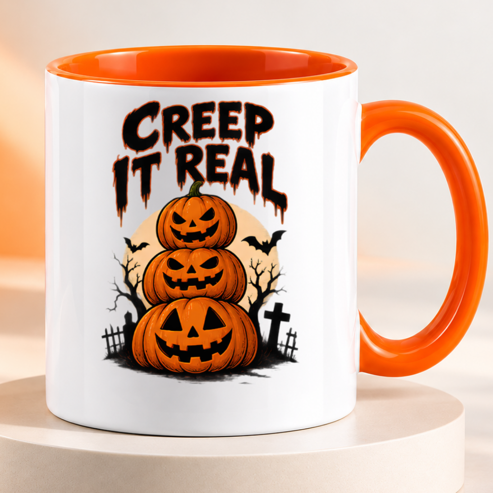 Halloween Mug "Creep It Real Stacked Pumpkins" Creep It Real Stacked Pumpkins 325ml Ceramic Coffee Mug – Funny Halloween Autumn Tea Cup with Jack O Lanterns Graveyard Bats Typography Graphic Gift | Fast Dispatch by UK Seller (M3208)