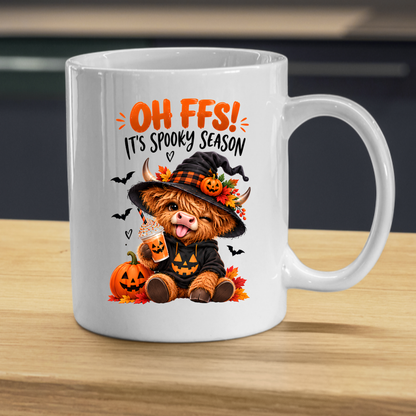 Spooky Season Mug "Oh FFS! It's Spooky Season" Highland Cow Oh Ffs! It's Spooky Season 325ml Ceramic Coffee Mug – Cute Highland Cow in Witch Hat with Pumpkin, Bats & Coffee | Halloween Gift | Fast Dispatch by UK Seller (M3363)