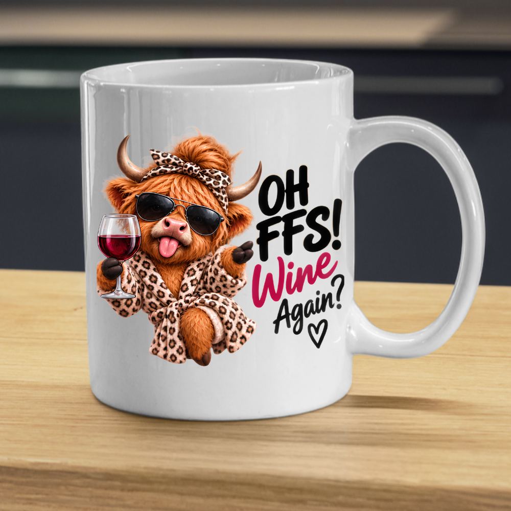 Highland Cow Wine Lover Mug "Oh FFS! Wine Again?" Oh FFS! Wine Again? 325ml Ceramic Coffee Mug – Cute Highland Cow in Leopard Bathrobe, Bow & Sunglasses holding Red Wine Glass | Funny Gift | Fast Dispatch by UK Seller (M3389)