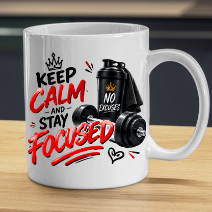 Fitness Mug "Keep Calm And Stay Focused" 325ml Ceramic Coffee Tea Cup – Gym, Dumbbells, Shaker Bottle & Slogan Novelty Gift for Fitness Lovers, Workout Fans, Birthday – Fast Dispatch by UK Seller (M3507)