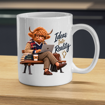 Academic Mug "Ideas Into Reality Scholarly Highland Cow" Ideas Into Reality 325ml Ceramic Coffee Mug – Scholarly Highland Cow on Bench with Laptop Strategy Books Coffee Entrepreneur Gift | Available in Multicolours | Fast Dispatch by UK Seller (M3287)