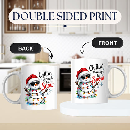 Cool Mug "Chillin' Through the Snow" Snowman 325ml Ceramic Coffee Mug  Funny Winter Holiday Tea Cup with Sunglasses & Christmas Lights Gift | Available in Multicolours | Fast Dispatch by UK Seller (M1248)