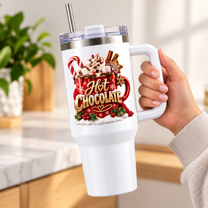 Festive Christmas Travel Tumbler "Hot Chocolate" Graphic 40oz Stainless Steel Insulated Travel Mug with Handle & Straw – Whipped Cream Mug, Candy Cane, Marshmallows & Cinnamon Sticks Festive Gift | Fast Dispatch by UK Seller (T3067)