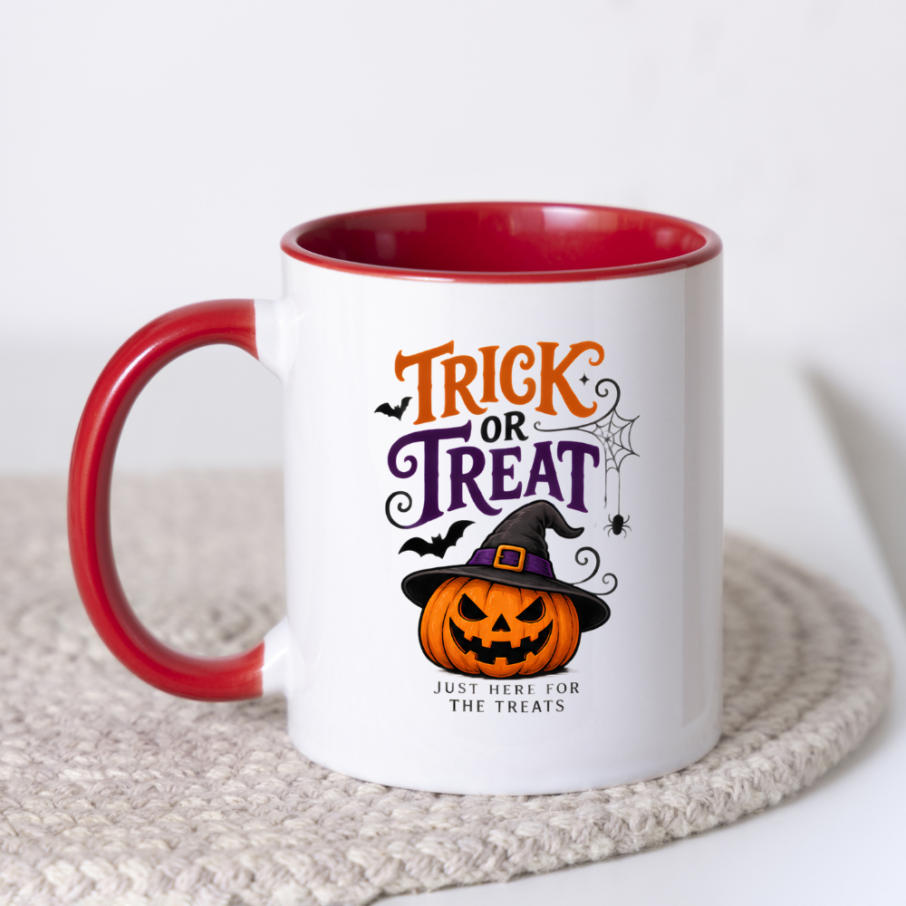 Halloween Mug "TRICK OR Treat Just Here For The Treats" Jack-o'-lantern 325ml Ceramic Coffee Mug – Festive Pumpkin Tea Cup with Witch Hat Spider Web Graphic Gift | Available in Multicolours | Fast Dispatch by UK Seller (M3071)