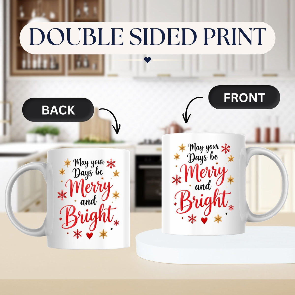 Festive Mug "May your Days be Merry and Bright" 325ml Ceramic Coffee Mug Winter Holiday Tea Cup with Gold Stars & Red Snowflakes | Available in Multicolours | Fast Dispatch by UK Seller (M1269)
