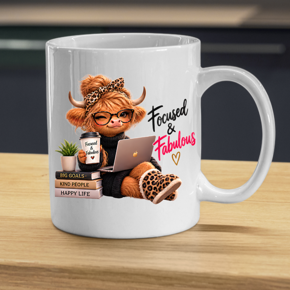 Motivation Mug "Focused & Fabulous Highland Cow" Focused and Fabulous Highland Cow 325ml Ceramic Coffee Mug – Chic Office Desk Tea Cup with Laptop Leopard Slippers Coffee Graphic Gift | Available in Multicolours | Fast Dispatch by UK Seller (M3198)
