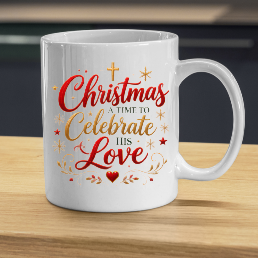 Christmas Mug "Christmas A Time To Celebrate His Love" 325ml Ceramic Coffee Mug – Festive Christian Typography Mug With Golden Cross Stars Red Heart Holiday Gift | Available in Multicolours | Fast Dispatch by UK Seller (M3315)