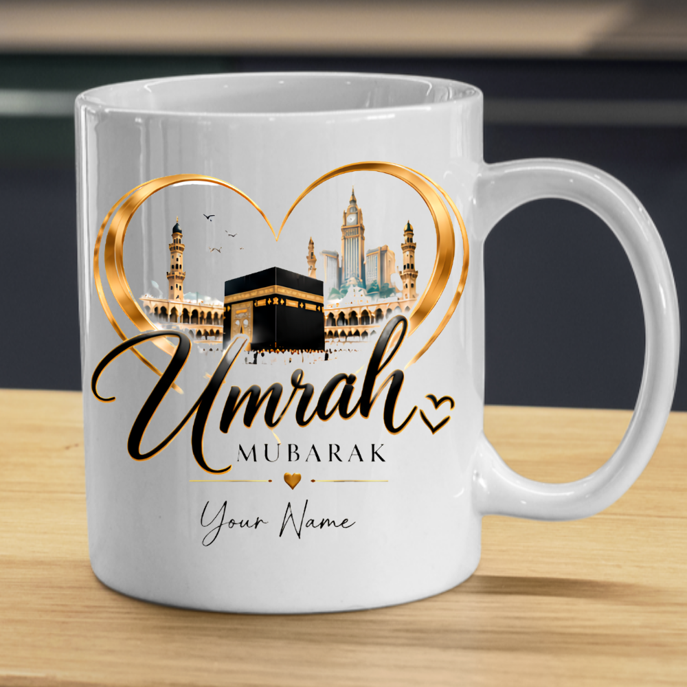 Personalised Umrah Mubarak Mug 325ml Ceramic Coffee Tea Cup – Custom Name, Holy Kaaba, Golden Heart Frame & Makkah Skyline Religious Pilgrimage Gift for Family, Friends, Hajj Celebration – Fast Dispatch by UK Seller (M3488)