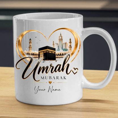 Personalised Umrah Mubarak Mug 325ml Ceramic Coffee Tea Cup – Custom Name, Holy Kaaba, Golden Heart Frame & Makkah Skyline Religious Pilgrimage Gift for Family, Friends, Hajj Celebration – Fast Dispatch by UK Seller (M3488)
