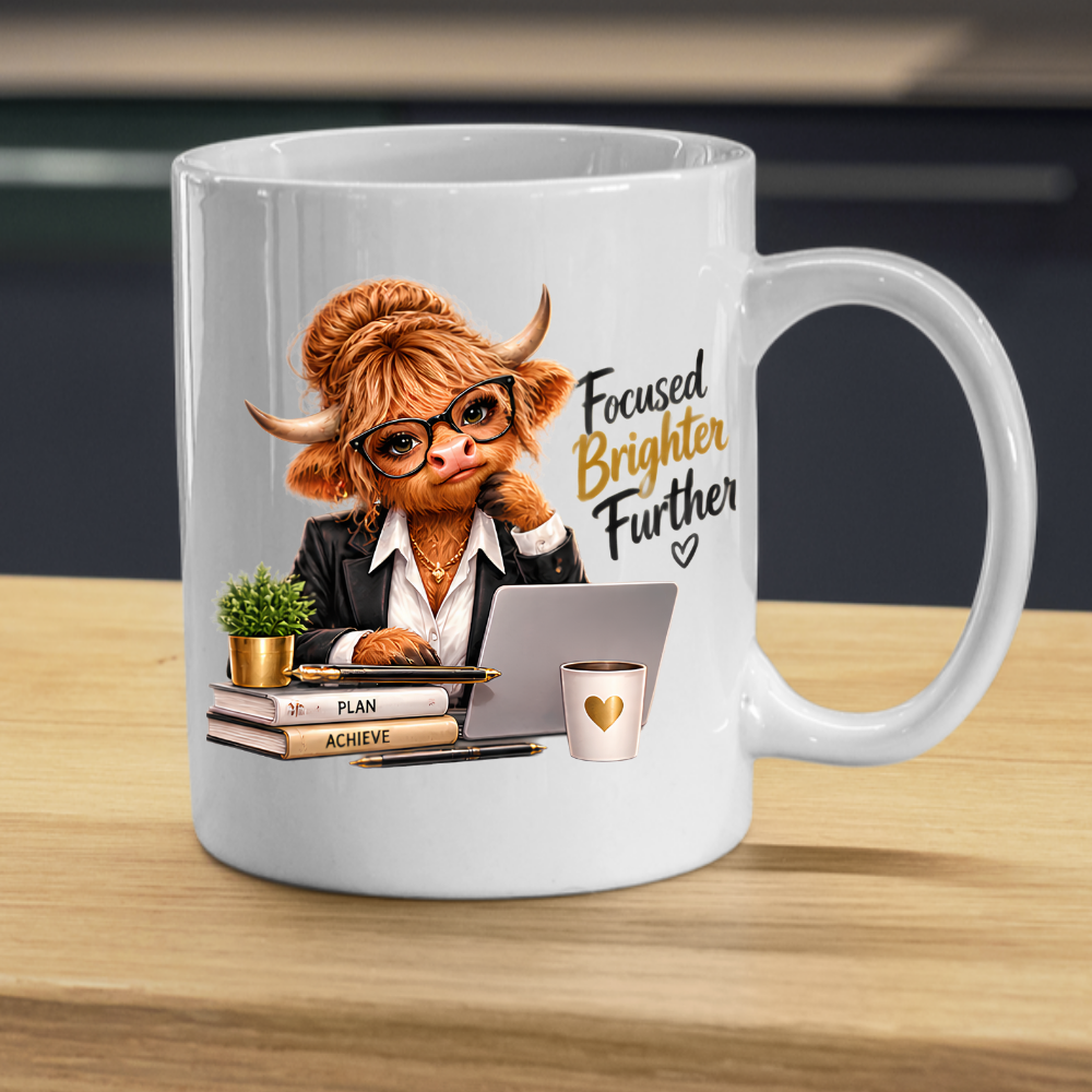 Highland Cow Mug "Focused Brighter Further Highland Cow" 325ml Ceramic Coffee Mug – Smart Highland Cow in Blazer Glasses At Laptop Desk With Plan Achieve Books Office Gift | Available in Multicolours | Fast Dispatch by UK Seller (M3281)