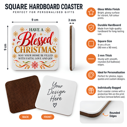 Festive Christian Christmas Coaster "Have a Blessed Christmas May Your Home Be Filled With Faith, Love and Joy" Graphic Glossy Hardboard 9x9cm Drinks Mat – Red & Golden Script Holiday Tableware Gift | Fast Dispatch by UK Seller (C3058)