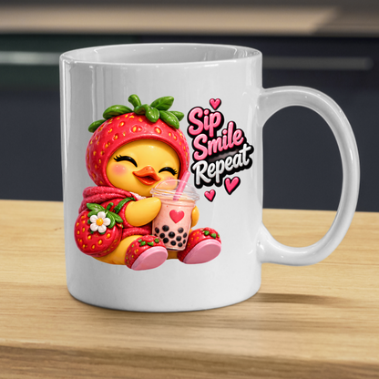 Boba Mug "Sip Smile Repeat Strawberry Duck" 325ml Ceramic Coffee Mug – Cute Winking Yellow Duck in Strawberry Hood Hoodie Shoes Holding Strawberry Boba Tea Sweet Gift For Boba Tea Lovers | Available in Multicolours | Fast Dispatch by UK Seller (M3256)