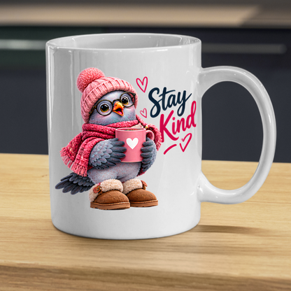 Inspirational Mug "Stay Kind Cozy Bird" Stay Kind 325ml Ceramic Coffee Mug – Cute Cozy Pink Bird in Beanie, Glasses, Scarf & Boots with Hot Cocoa Heartwarming Gift For Friends Family | Available in Multicolours | Fast Dispatch by UK Seller (M3244)