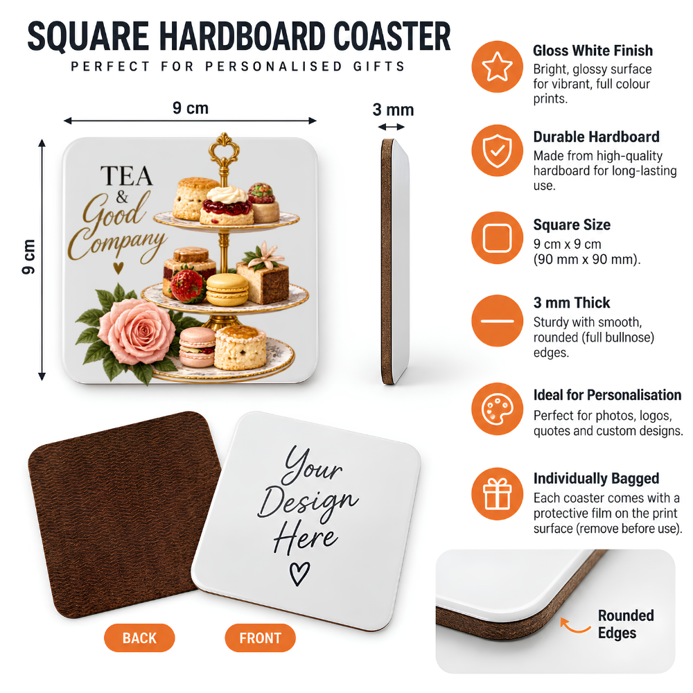 Afternoon Tea Hardboard Coaster "Tea & Good Company" Graphic 9cm x 9cm Square Drinks Coaster “ Elegant 3-Tier Cake Stand with Scones, Macarons & Pink Rose Novelty Mat | Elegant Glossy Gift for Tea Lovers | Fast Dispatch by UK Seller (C3006)