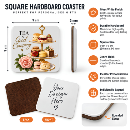 Afternoon Tea Hardboard Coaster "Tea & Good Company" Graphic 9cm x 9cm Square Drinks Coaster “ Elegant 3-Tier Cake Stand with Scones, Macarons & Pink Rose Novelty Mat | Elegant Glossy Gift for Tea Lovers | Fast Dispatch by UK Seller (C3006)