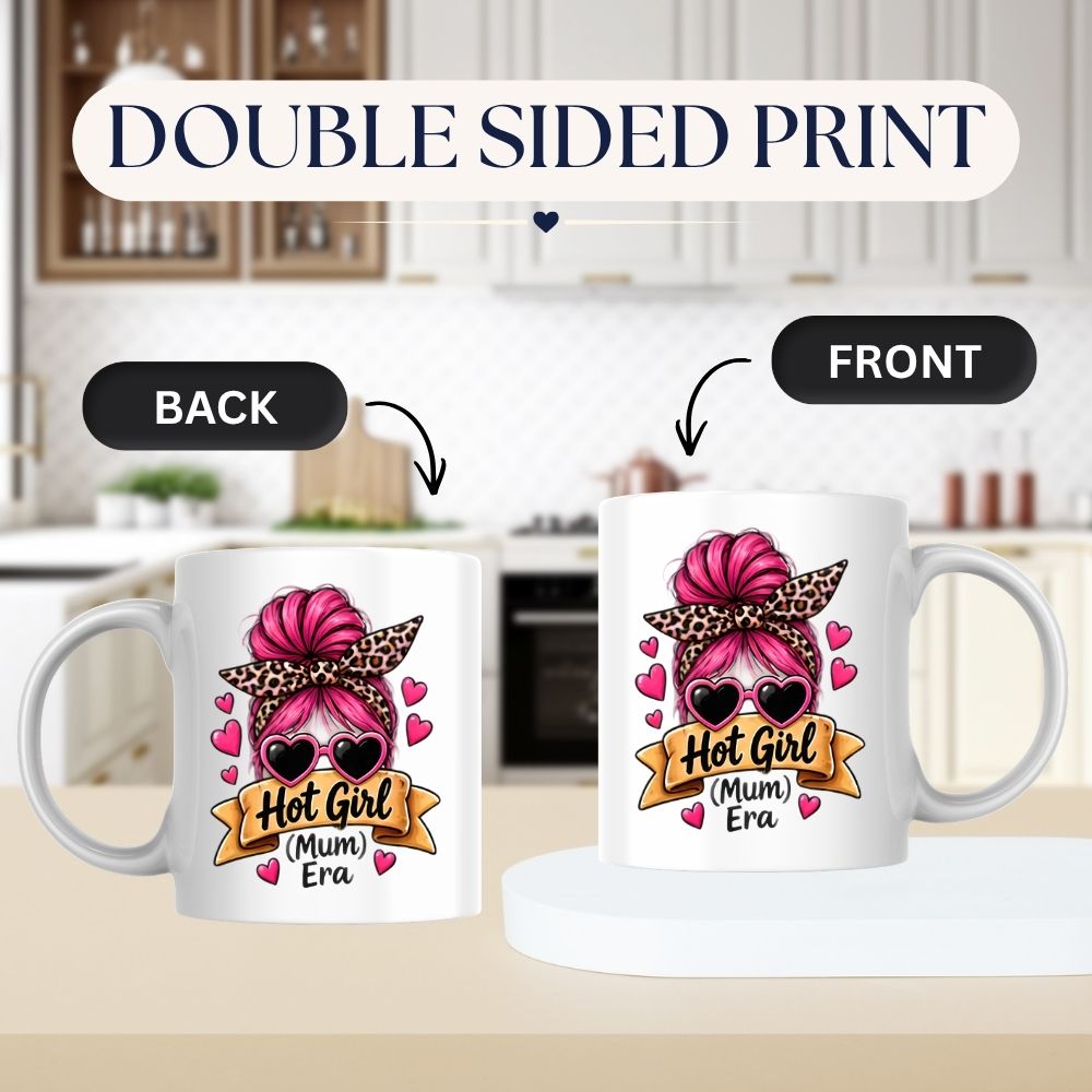 Sassy Mum Mug "Hot Girl (Mum) Era" 325ml Ceramic Coffee Mug Trendy Messy Bun Tea Cup with Leopard Bandana, Heart Sunglasses & Hearts Gift | Available in Multicolours | Fast Dispatch by UK Seller (M1306)