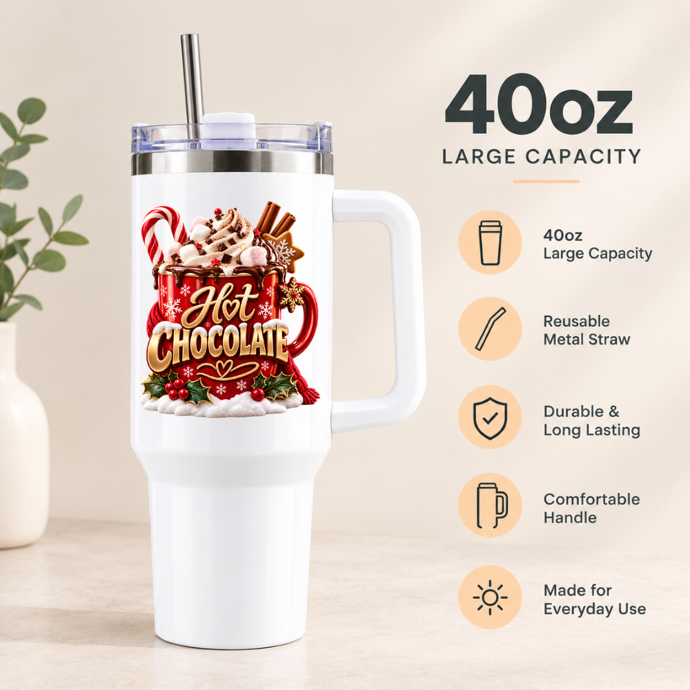 Festive Christmas Travel Tumbler "Hot Chocolate" Graphic 40oz Stainless Steel Insulated Travel Mug with Handle & Straw – Whipped Cream Mug, Candy Cane, Marshmallows & Cinnamon Sticks Festive Gift | Fast Dispatch by UK Seller (T3067)