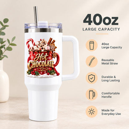 Festive Christmas Travel Tumbler "Hot Chocolate" Graphic 40oz Stainless Steel Insulated Travel Mug with Handle & Straw – Whipped Cream Mug, Candy Cane, Marshmallows & Cinnamon Sticks Festive Gift | Fast Dispatch by UK Seller (T3067)