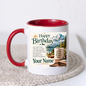 Personalised Birthday Mug "Happy Birthday" 325ml Ceramic Coffee Tea Cup – Mountain Landscape, Scenic View, Custom Name & Adventure Wish Slogan Novelty Gift for Travelers, Men, Women, Birthday – Fast Dispatch by UK Seller (M3513)