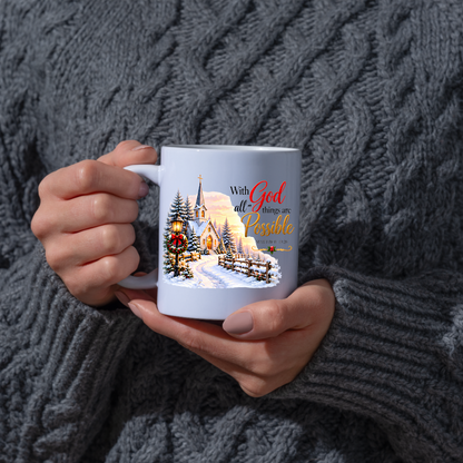 Religious Christmas Mug "With God All Things Are Possible" With God All Things Are Possible 325ml Ceramic Coffee Mug – Christian Winter Church Scripture Mug with Matthew 19:26 | Religious Holiday Gift | Fast Dispatch by UK Seller (M3341)