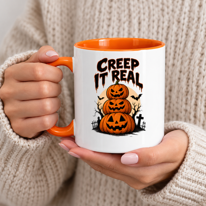 Halloween Mug "Creep It Real Stacked Pumpkins" Creep It Real Stacked Pumpkins 325ml Ceramic Coffee Mug – Funny Halloween Autumn Tea Cup with Jack O Lanterns Graveyard Bats Typography Graphic Gift | Fast Dispatch by UK Seller (M3208)
